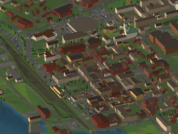 An isometric pixel-art view of Arvika from above in low evening sun. A lake and its wooded shore on the left, a railway line running diagonally through, and a dense grid of red, ochre and grey rooftops around a church tower.