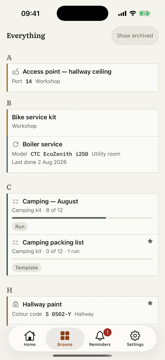 Two Trovva screens in light mode. Everything, an A-to-Z of one household: an access point in the hallway ceiling, a bike service kit, a boiler service with its model number, a camping trip and its packing list, and the hallway paint with its colour code. Beside it, the hallway paint entry itself, with the colour code S 0502-Y and a button that copies it.